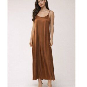 Nation LTD Sofia Chocolate Brown Spaghetti-Strap Maxi Slip Dress Large Raw Hem